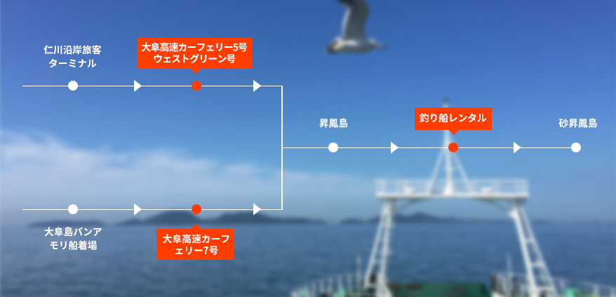 仁川沿岸旅客ターミナル 出発 : 仁川沿岸旅客ターミナル→大阜高速カーフェリー5号→昇鳳島→釣り船レンタル→砂昇鳳島 大阜島バンアモリ船着場 出発 : 大阜高速カーフェリー7号→昇鳳島→釣り船レンタル→砂昇鳳島